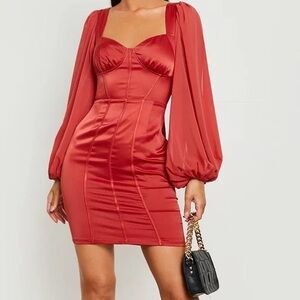 NWT Boohoo Satin Corset Detail Puff Sleeve Mini Dress